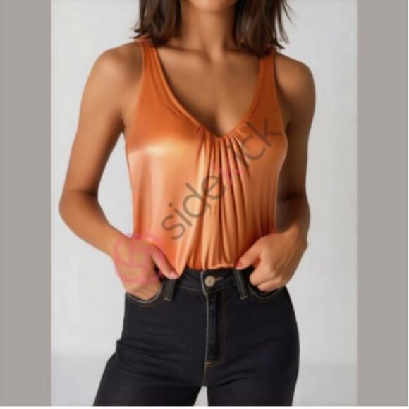 Sexy Y2K Banana Republic Sleeveless Top Gathered Plunging Neckline in Coral - Picture 5 of 16